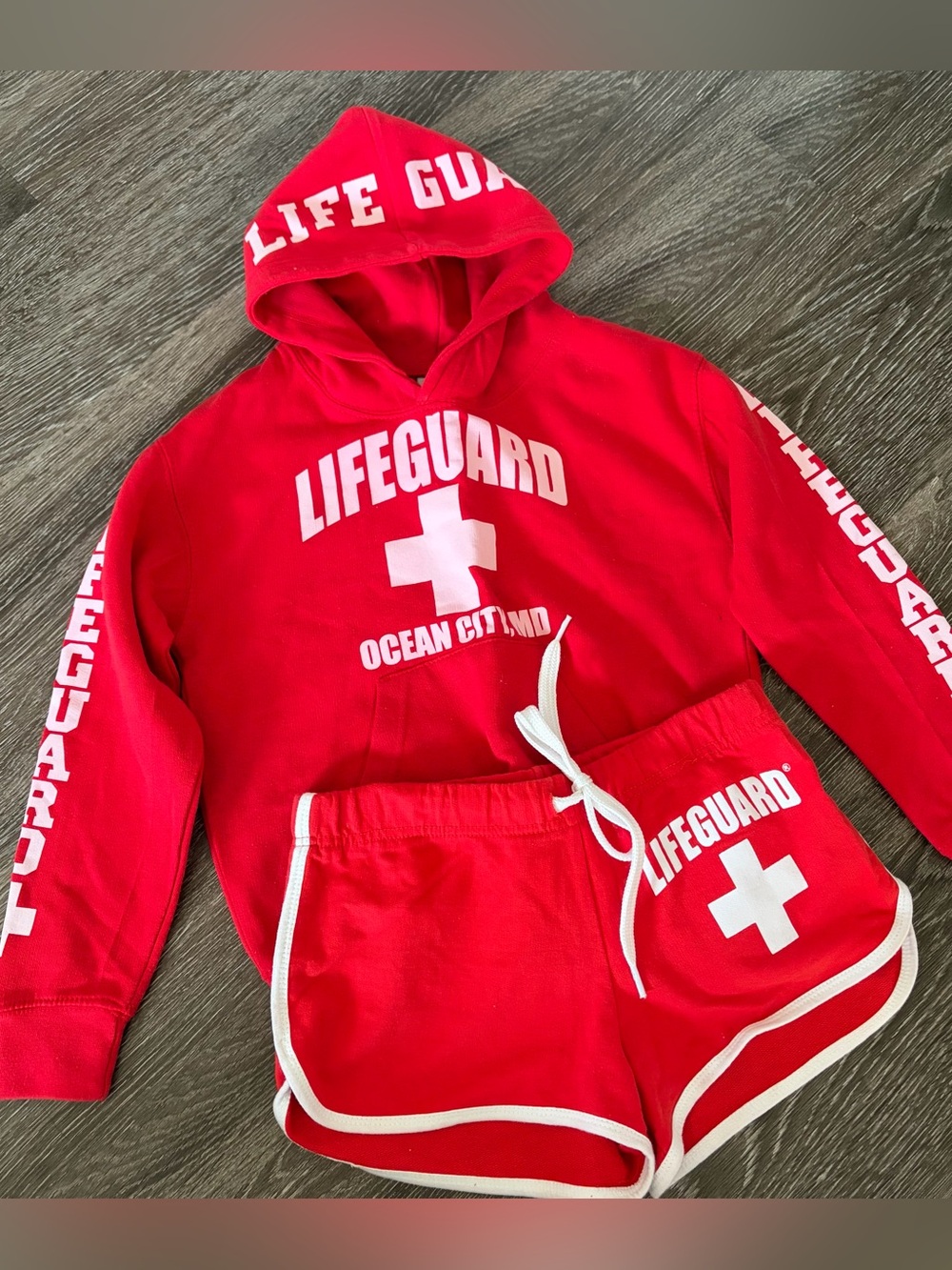 Red Life-Guard Apparel Ocean City Maryland Hoodie & Shorts Set Girls Kids Small - Picture 2 of 9